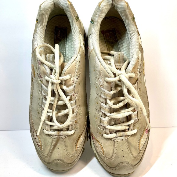 Skechers Sneakers Tan and Cream with Pink Flowers Trimmed in Gold Size 9 - Picture 4 of 13